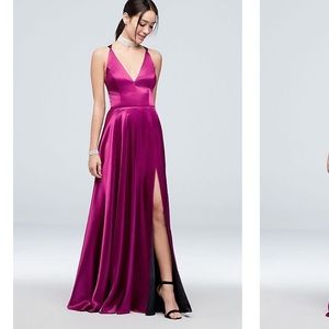 Betsy and Adam Long Satin Strappy Back V-Neck Dress with Slit